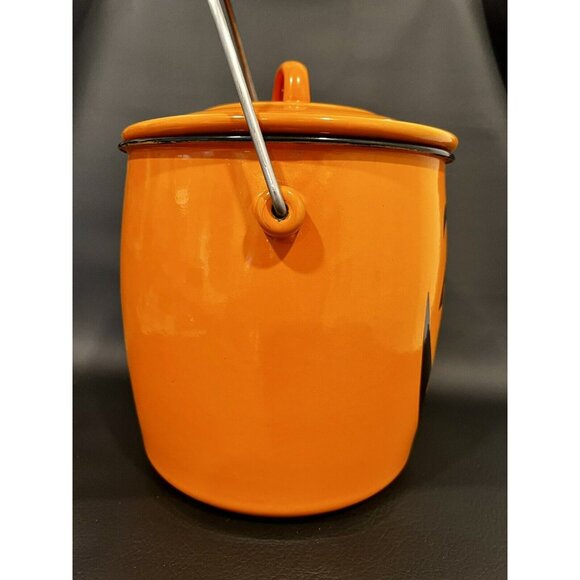 HALLMARK HALLOWEEN Orange Enamelware Pumpkin Jack-O-Lantern Metal Pail 10" w/LID - Picture 7 of 10